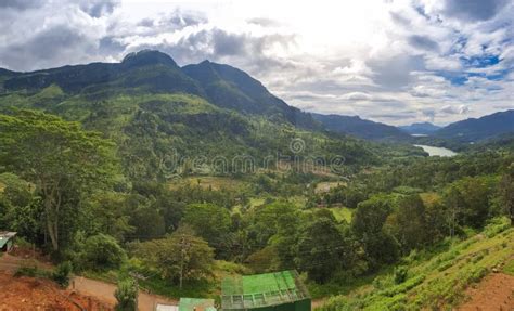 Panoramic Photo Of Beautiful Valley In The Mountains Of Sri Lanka Stock