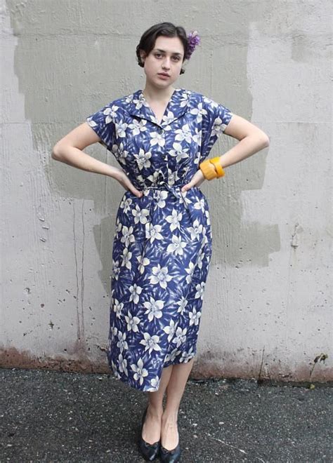 Vintage 1940s Tiki Dress 40s Royal Blue Tropical Floral Print