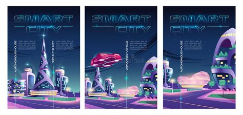 Smart City Posters With Futuristic Night Town Stock Vector