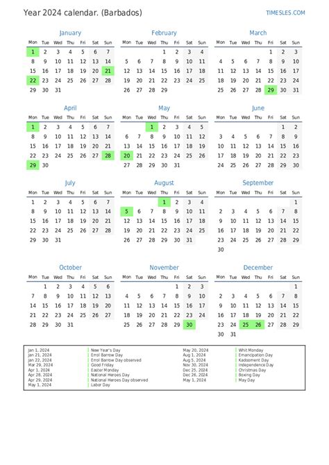 Calendar For 2024 With Holidays In Barbados Print And Download Calendar