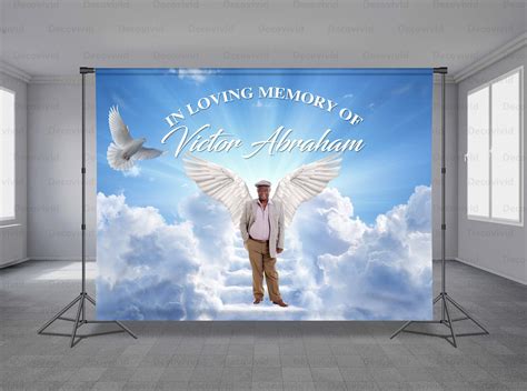 Funeral Backdrop Banner, Memorial, Clouds, Steps to Heaven, Angel Wings