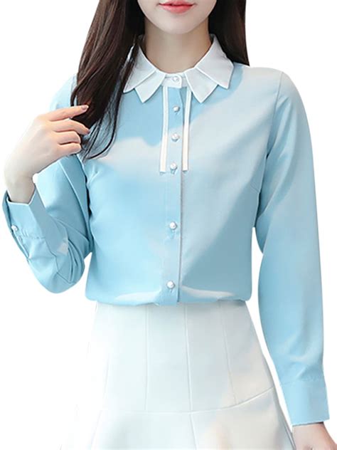 Buy Women S Shirt Peter Pan Collar Long Sleeve Color Block Top Shirts