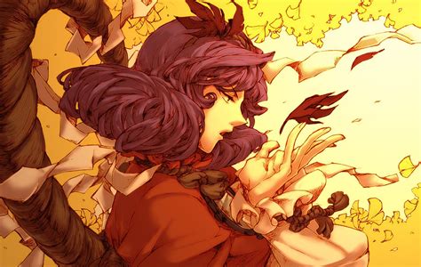 Women Video Games Touhou Autumn Mirrors Leaves Purple Hair Red Eyes Short Hair Curly Hair Open