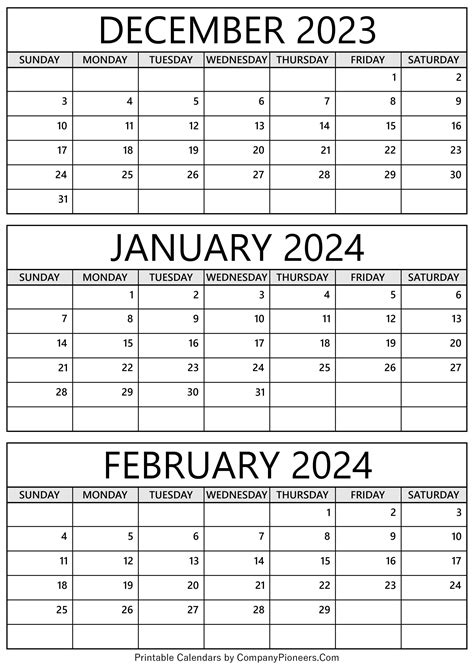 December 2023 January February 2024 Calendar Printable Template