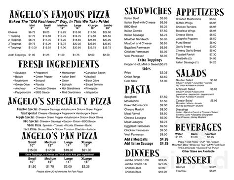 Angelo's Pizza Downers Grove menu in Downers Grove, Illinois, USA