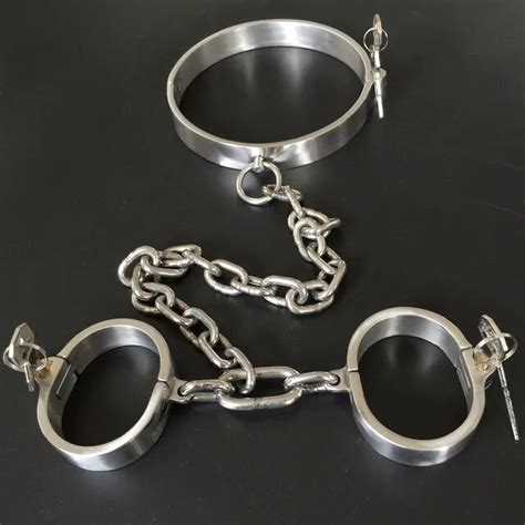 Stainlees Steel Neck Collar Chain Hand Cuffs Bondage Set Sex Games Slave Bdsm Tools Handcuffs
