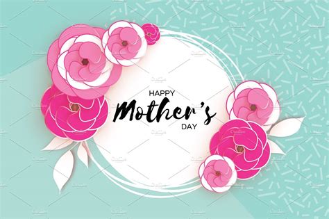 Happy Mothers Day Greeting Card Pink Paper Cut Flower Circle Frame Space For Text Pre
