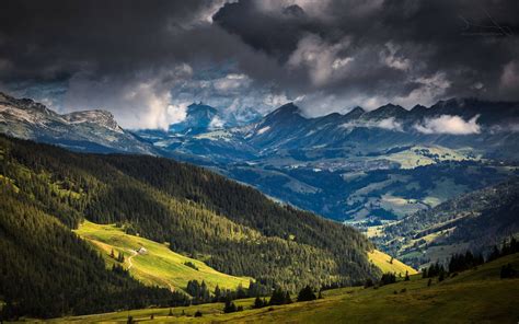 Landscape Nature Mountain Forest Alps Clouds Switzerland Green Blue