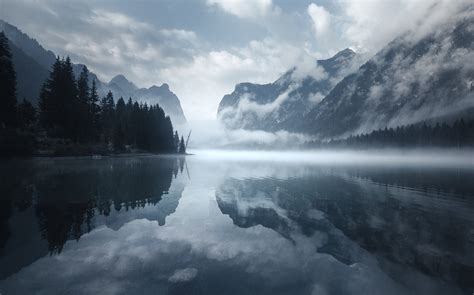 Nature Water Landscape Morning Mist Lake Mountains Clouds