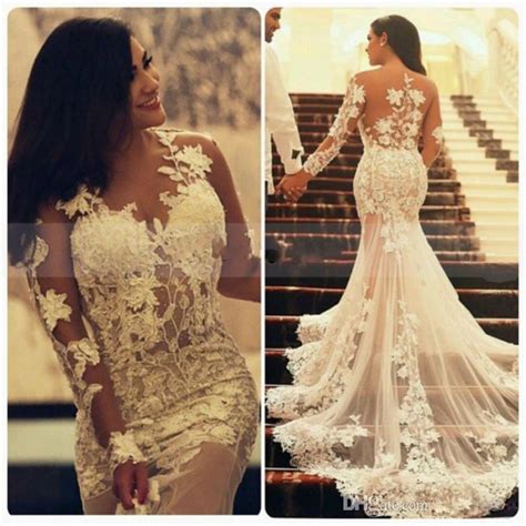 2016 Sexy Arabic Mermaid Lace Wedding Dresses Long Sleeves Crew Neck Appliques Ruffles Vintage
