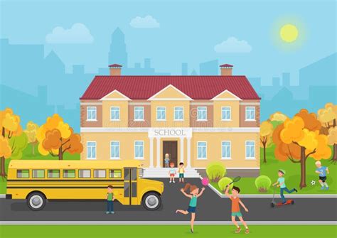 School Building With Children In Yard And Yellow Bus Front School And