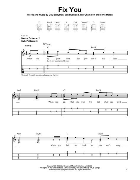 Fix You By Coldplay Easy Guitar Tab Guitar Instructor