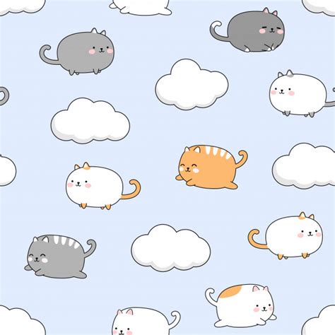 Cute Chubby Cat Kitten On Sky Cartoon Doodle Seamless