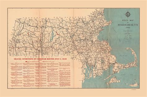 Massachusetts 1940 State Highway Map Reprint Old Maps