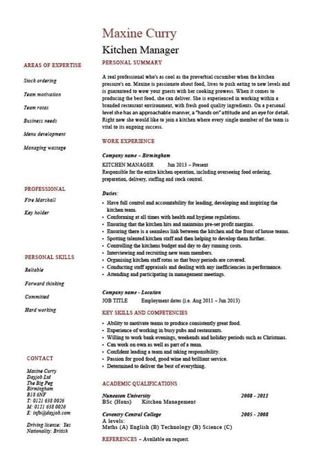 Kitchen Manager Resume Example Sample Cooking Food Dining Key