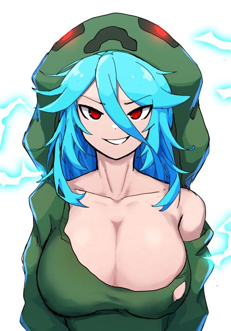 at2 charged creeper creeper cupa at2 minecraft highres 1girl blue hair breasts