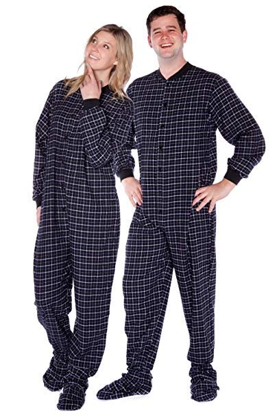 Big Feet Pajama Co Plaid Cotton Flannel Adult Footie Onesie Drop Seat