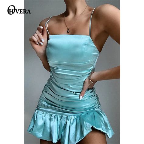 Ohvera Sexy Runched Dress Satin Bodycon Spaghetti Strap Summer
