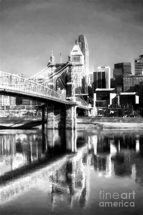 Cincinnati Skyline Reflections Bw Photograph By Mel Steinhauer Fine