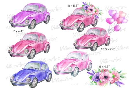 Watercolor Vintage Retro Pink Car Clipart Balloons Flowers Clip Art Pn
