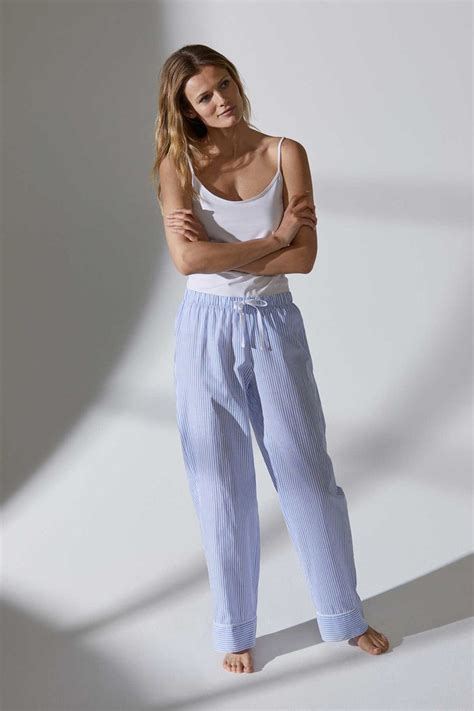 Light Bluestriped Patterned Pajama Pants In Soft Airy Woven Cotton