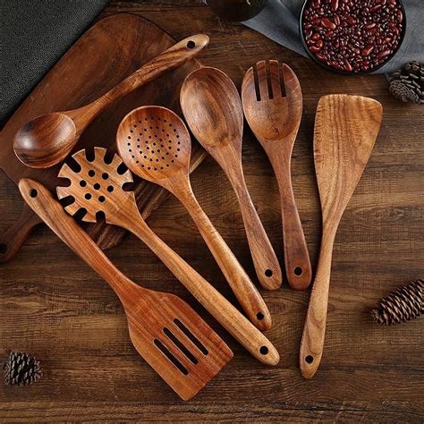 7 Pieces 100 Natural Teak Wooden Handmade Kitchen Utensil Spoons Set