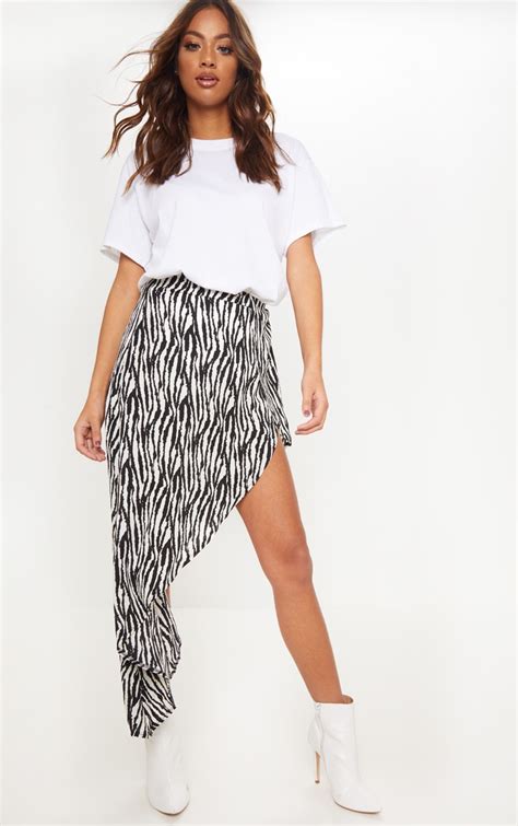 Zebra Print Satin Asymetric Skirt Skirts Prettylittlething