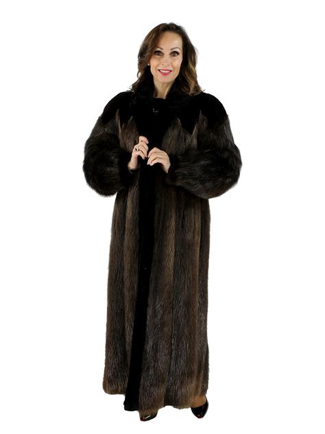 Long Hair Beaver Fur Coat W Sheared Beaver Trim Womens Large