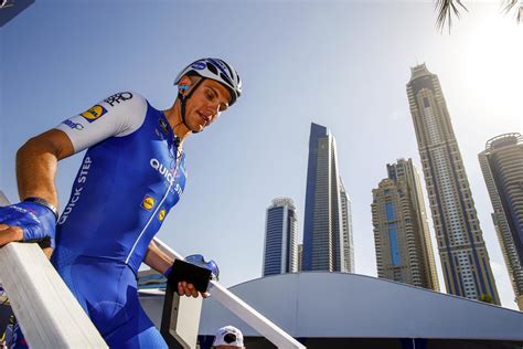 winner of 1st stage marcel kittel of quickstep on the podium of tour of dubai cycling