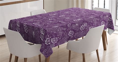 Purple Tablecloth Floral Pattern With Vintage White Butterflies And