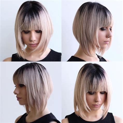 Blonde Razor Cut Angled Bob With Full Blunt Bangs And
