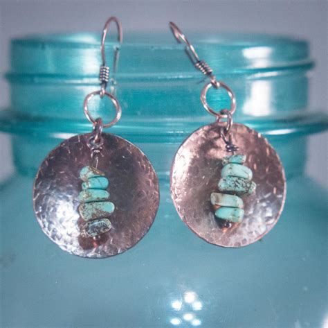 Hammered Copper Disc Earrings Turquoise Earrings Copper And Etsy