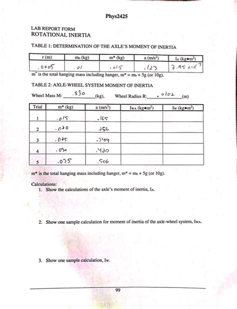 Solved Phys2425 Lab Report Form Rotational Inertia Table