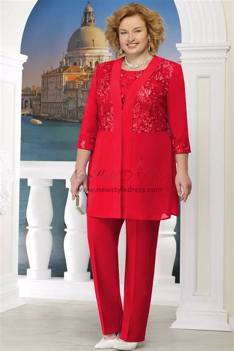 Red Plus Size Mother Of The Bride Pant Suit Women 3pc Trousers Outfits Nmo 576