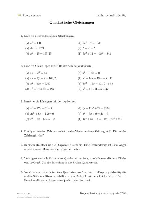 Aufgaben Quadratische Gleichungen Mit Lösungen Koonys Schule 0062