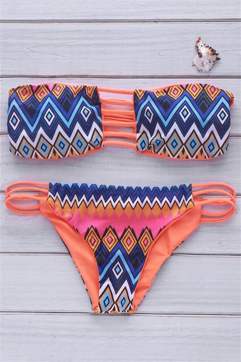 Off Attractive Strapless Colorful Lozenge Printed Bikini Set For Women Rosegal