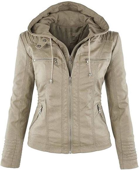 Womens Fashion Leather Jacket Leather Solid Faux Color Zipped Fashion Brands Hooded Jackets