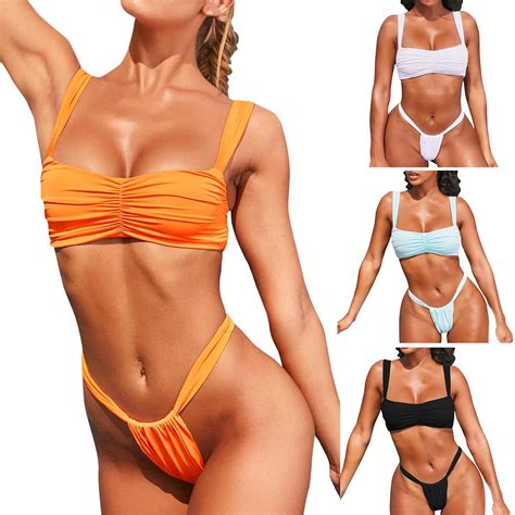 Bikini Brasileño Con Tanga Para Mujer Traje De Baño Bandage Liso Conjunto De Microbikini Ropa