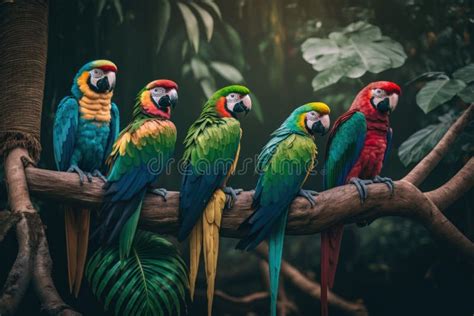 Five Colored Parrots Cheerful On Their Heads Sit On A Branch