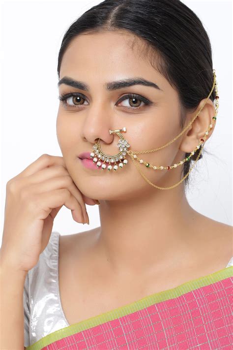 Indian Golden Brass Jadau Kundan Nath Nose Ring Pin With Pearl Chain For Women Wedding Bridal