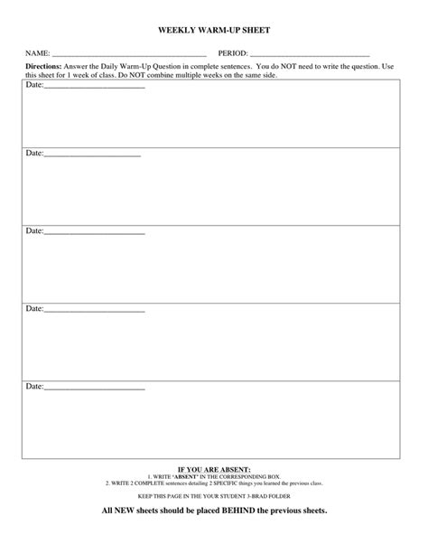 Weekly Warm Up Sheet In Word And Pdf Formats