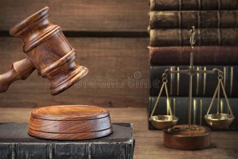 Mallet And Legal Book With Justice Scale On Table Stock Photo Image