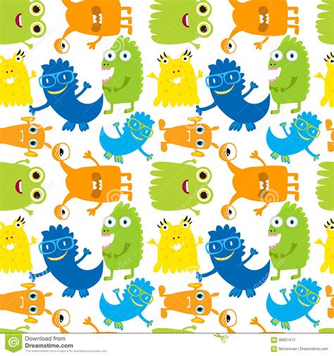 Vector Seamless Pattern With Cute Bright Monsters On Dark Background