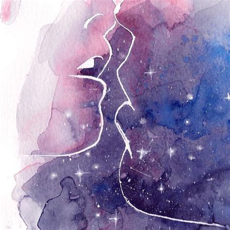 Cosmic Kiss Watercolor Couple Of Lovers Kissing Purple Art And