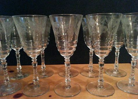 Vintage Etched Crystal Water Wine Goblets Glasses 8 Floral Pattern Set