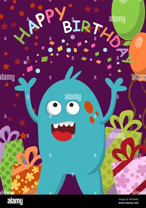 happy blue monster with ts and balloons celebrating his birthday vector illustration stock