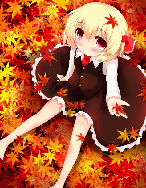 Safebooru Autumn Barefoot Blonde Hair Blush Koji Kohei66 Leaf Maple Leaf Red Eyes Rumia