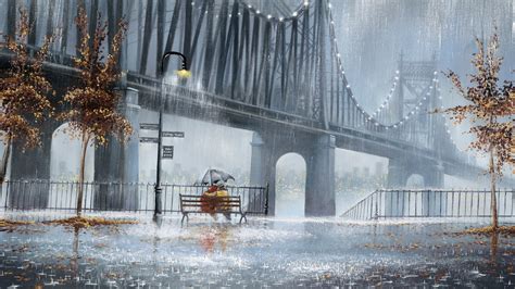 Rainy Day By The Bridge Painting 3840x2160 Rwallpapers