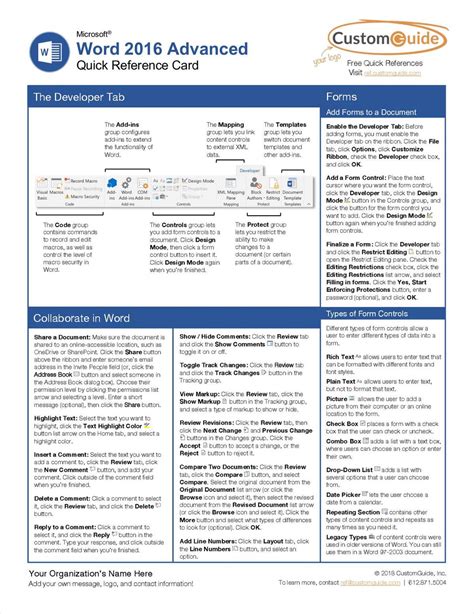 Microsoft Word 2016 Advanced Quick Reference Card Free Guide