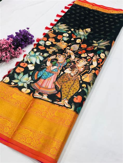 Pure Kanchipuram Silk Saree With Print Weaving Border With Etsy